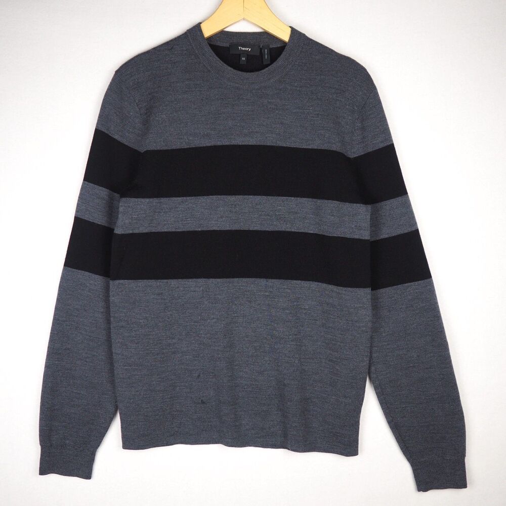 Theory  Merino Wool Blend Breton Striped Sweater Men's XS Gray Black READ